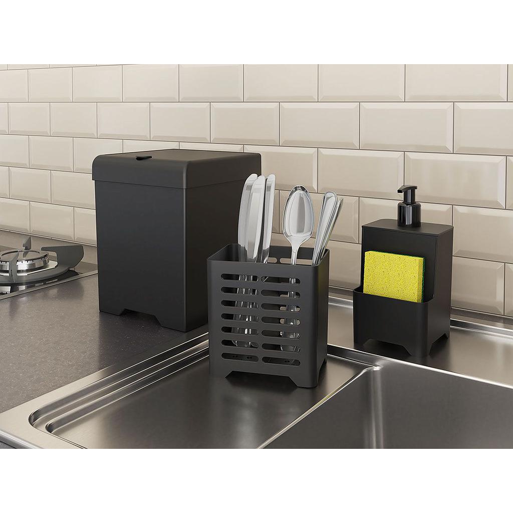 Kit de Cocina 3 Piezas Negro (Papelera, Cubertera y Porta detergente)